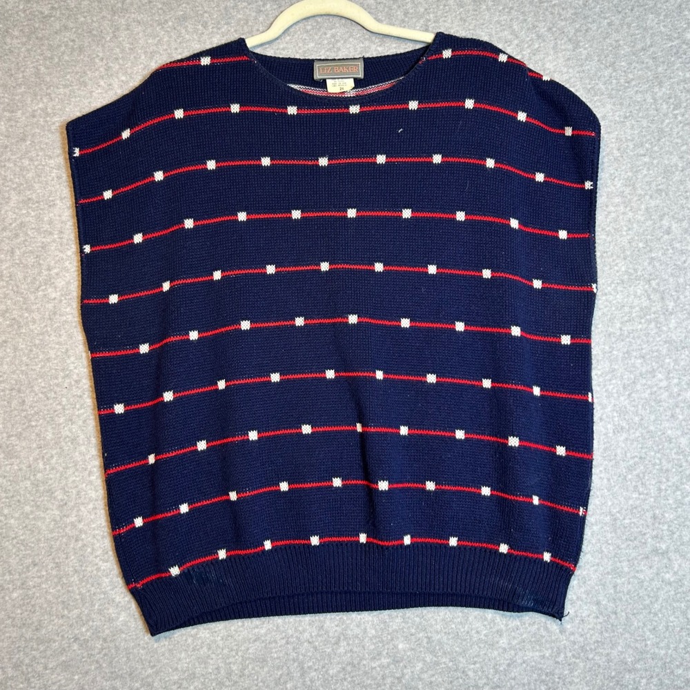 Liz Baker Sweater Vest Women 2X Navy Blue Striped Knit Sleeveless Preppy Retro